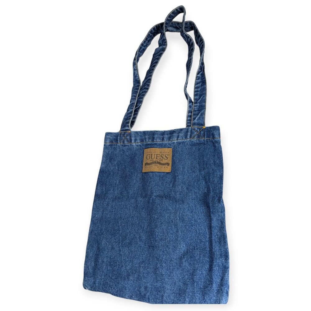 Vintage Guess Denim Tote Bag with Leather Exterior Patch